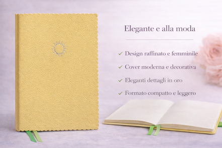 Taccuino elegante giallo con copertina in pelle vegana e dettagli decorativi, presentato con testo overlay che evidenzia design raffinato, dettagli in oro e formato comp
