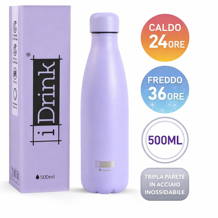 Borraccia termica iDrink color lavanda da 500 ml in acciaio inossidabile, con tappo coordinato e confezione abbinata, progettata per mantenere le bevande calde fino a 24 ore e fredde fino a 36 ore.