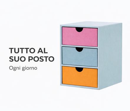 Cassettiera da scrivania compatta con tre cassetti colorati, perfetta per organizzare penne, documenti e piccoli oggetti ogni giorno
