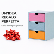 Cassettiera da scrivania a 3 cassetti colorati presentata come idea regalo, utile e sempre apprezzata per organizzare ufficio e spazio di lavoro

