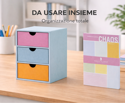 Cassettiera da scrivania a 3 cassetti abbinata a weekly planner coordinato, ideale per organizzare al meglio la settimana e lo spazio di lavoro
