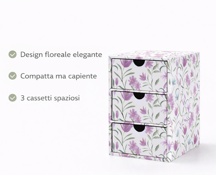 Cassettiera da scrivania a 3 cassetti con design floreale elegante, struttura compatta e cassetti spaziosi per organizzare la scrivania
