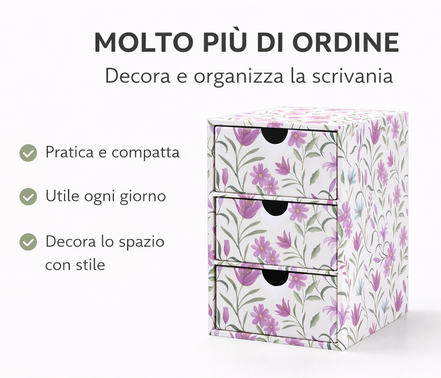 Cassettiera da scrivania a 3 cassetti con design floreale decorativo, ideale per organizzare e arredare la scrivania con stile ogni giorno
