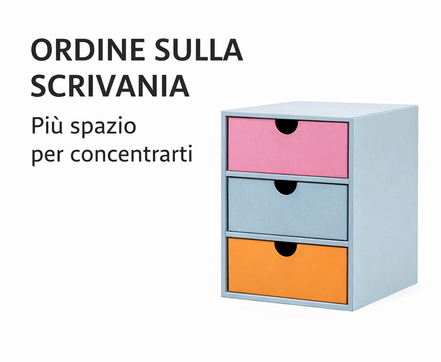 Cassettiera da scrivania a 3 cassetti con design moderno e colorato, ideale per mantenere ordine sulla scrivania e migliorare la concentrazione
