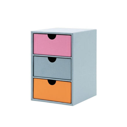 Cassettiera da scrivania a 3 cassetti colorati con design moderno, soluzione compatta per organizzare penne, documenti e accessori
