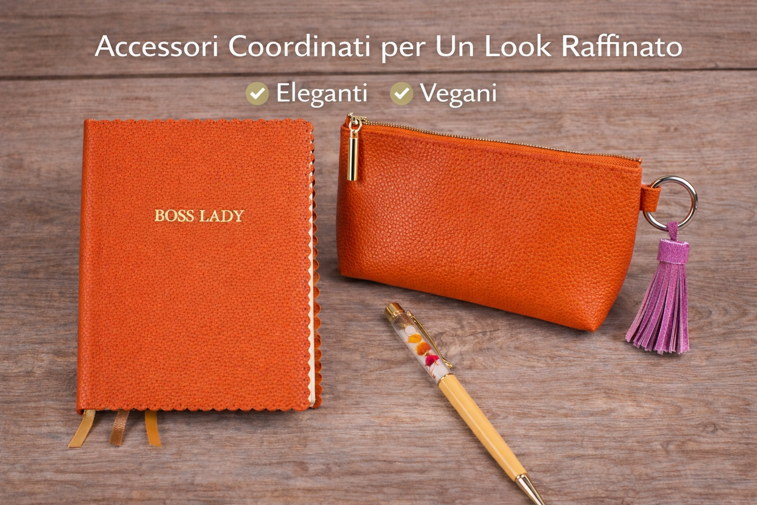 Set coordinato Artebene con trousse in pelle vegana arancione e penna a sfera gialla decorativa, ideale come accessorio da scrivania o idea regalo elegante
