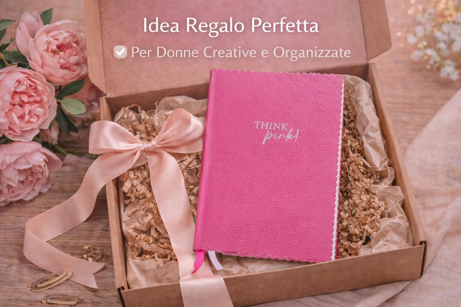 Taccuino Think Pink formato A5 con copertina vegana rosa e scritta decorativa, presentato come idea regalo elegante e creativa
