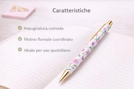 Penna a sfera con motivo floreale appoggiata su quaderno, con impugnatura comoda e design coordinato, ideale per l’uso quotidiano
