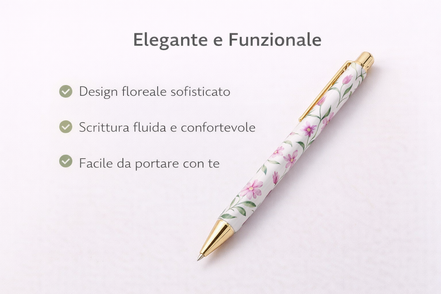 Penna a sfera con motivo floreale elegante e dettagli dorati, ideale per una scrittura fluida e per aggiungere stile alla scrivania
