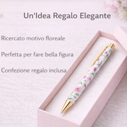 Penna a sfera con motivo floreale elegante presentata in confezione regalo, ideale come pensiero raffinato e utile per ogni occasione
