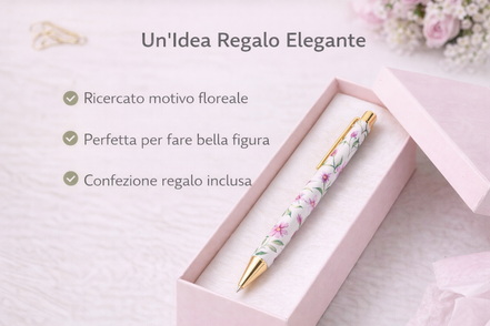 Penna a sfera con motivo floreale elegante presentata in confezione regalo, ideale come pensiero raffinato e utile per ogni occasione

