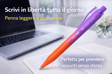Penna a sfera Faber-Castell Daily Ball con design sfumato moderno, punta morbida XB e impugnatura ergonomica, ideale per una scrittura fluida e confortevole nell’uso quotidiano.
