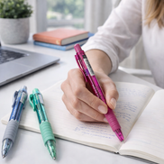 Donna che scrive su un notebook con una penna a sfera Faber-Castell Poly Ball View su una scrivania moderna e luminosa, con computer portatile e due penne colorate appoggiate accanto, per una scrittura fluida e confortevole.
