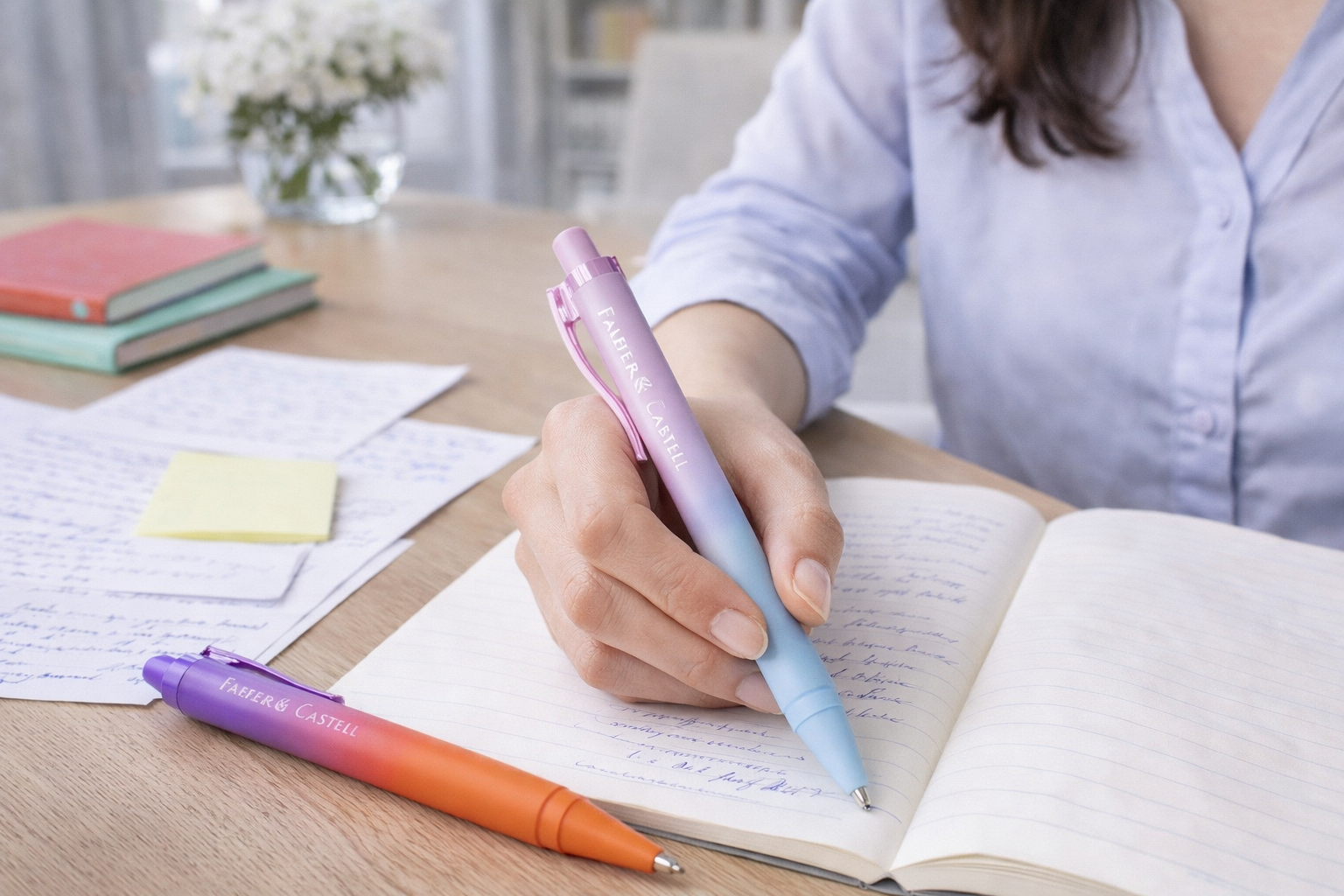 Donna mora che scrive su quaderni e appunti sparsi con una penna a sfera Faber-Castell Daily Ball, mentre una seconda penna Daily Ball è appoggiata sulla scrivania, in un ambiente di lavoro moderno e luminoso.
