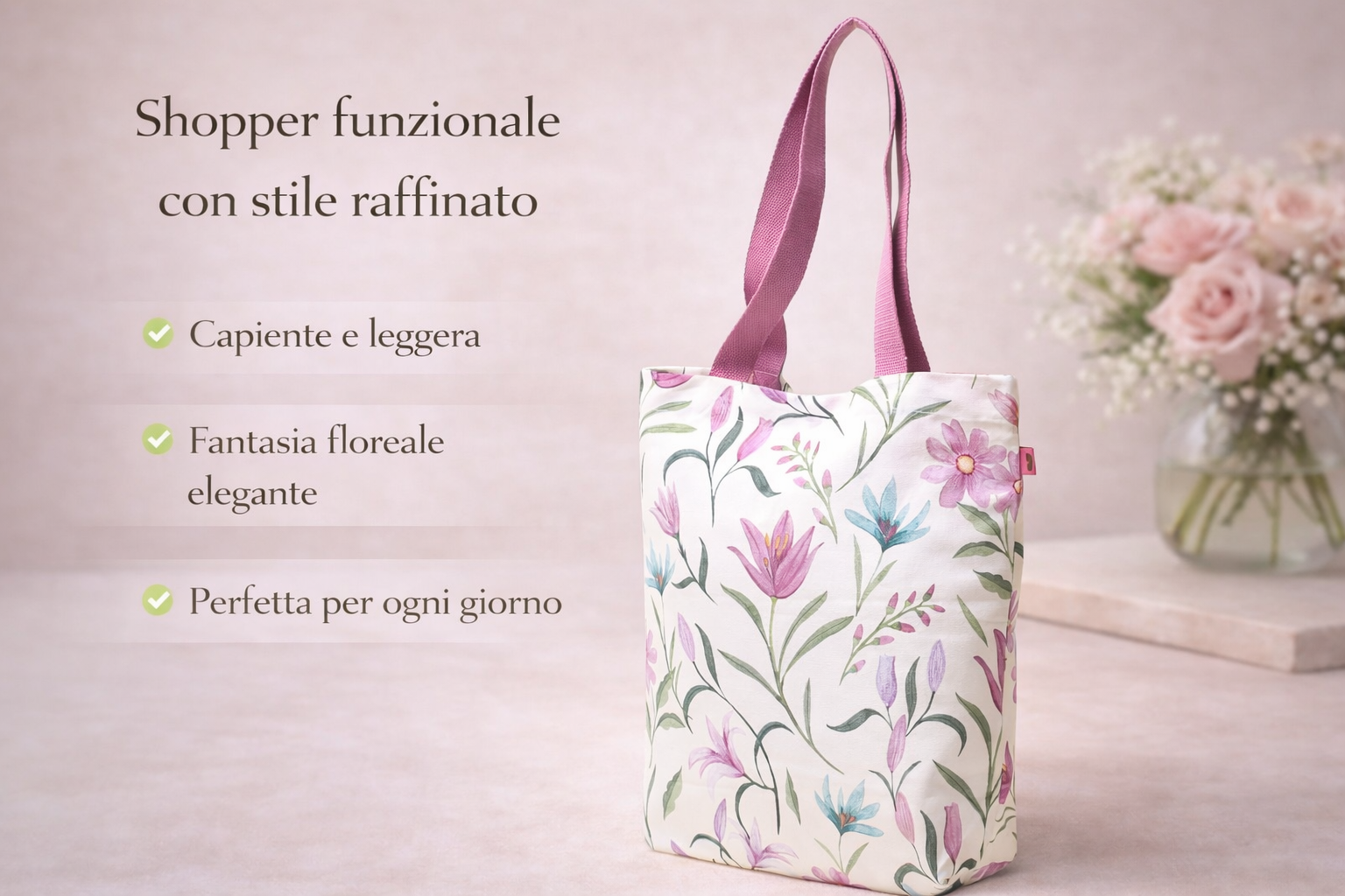 shopper bag floreale elegante con manici rosa, capiente e leggera, fotografata su fondo chiaro in stile raffinato ed essenziale.