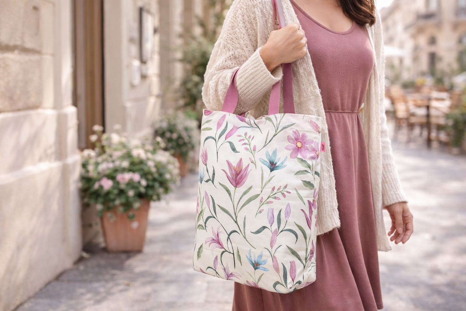 Donna che indossa una shopper bag floreale con manici rosa, utilizzata nella vita quotidiana, in un contesto luminoso e naturale in stile lifestyle