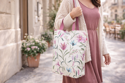 Donna che indossa una shopper bag floreale con manici rosa, utilizzata nella vita quotidiana, in un contesto luminoso e naturale in stile lifestyle