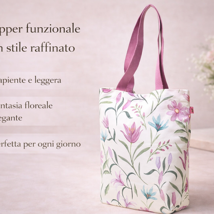 shopper bag floreale elegante con manici rosa, capiente e leggera, fotografata su fondo chiaro in stile raffinato ed essenziale.