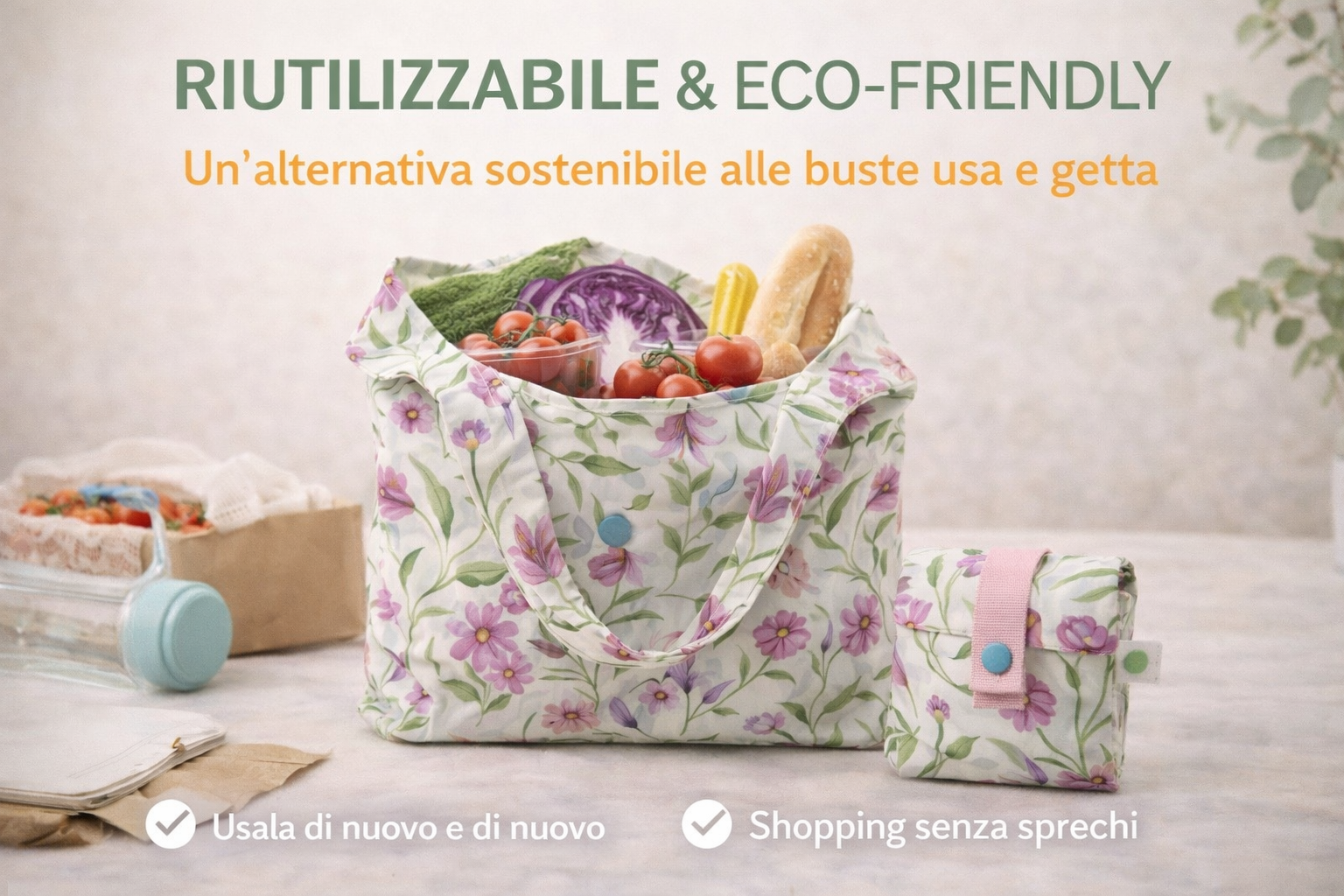 Shopper pieghevole riutilizzabile con fantasia floreale, ripiegata ed esposta in un espositore, ideale per la spesa quotidiana e uno stile di vita ecosostenibile