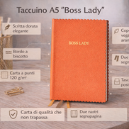 Taccuino Boss Lady formato A5 con copertina vegana arancione, scritta dorata e pagine a punti, ideale per scrivere appunti, idee e progetti

