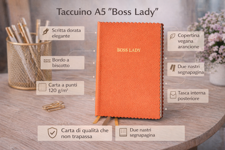 Taccuino Boss Lady formato A5 con copertina vegana arancione, scritta dorata e pagine a punti, ideale per scrivere appunti, idee e progetti
