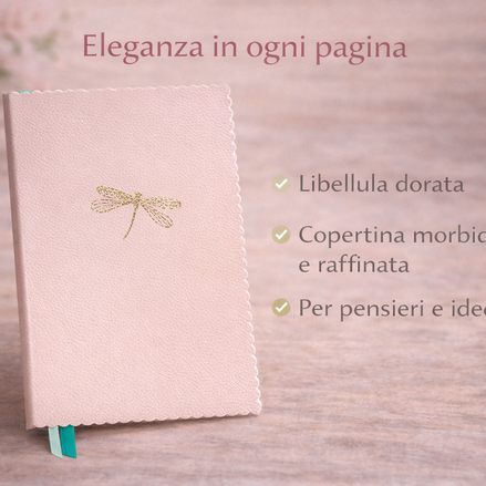 Taccuino A5 con copertina vegana color cipria e dettaglio libellula dorata, ideale per scrivere pensieri e organizzare idee con eleganza
