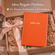 Taccuino Boss Lady formato A5 con copertina vegana arancione e scritta dorata, presentato come idea regalo elegante e motivante
