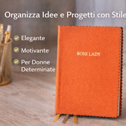 Taccuino Boss Lady formato A5 con copertina vegana arancione e scritta dorata, ideale per organizzare idee e progetti con stile
