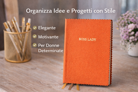 Taccuino Boss Lady formato A5 con copertina vegana arancione e scritta dorata, ideale per organizzare idee e progetti con stile
