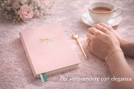 Taccuino A5 rosa con copertina morbida e dettagli dorati appoggiato su una scrivania, utilizzato da una donna in un contesto elegante e quotidiano.