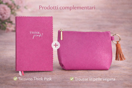 Set coordinato Artebene con taccuino Think Pink formato A5 e trousse rosa in pelle vegana, ideale per organizzare appunti e accessori con stile

