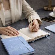 Donna elegante che scrive su un notebook A5 Faber-Castell azzurro su una scrivania raffinata, ideale per appunti di lavoro e uso quotidiano.