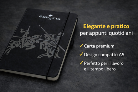 Notebook A5 Faber-Castell nero con copertina rigida elegante, carta premium e formato compatto, perfetto per organizzare appunti di lavoro e uso quotidiano.