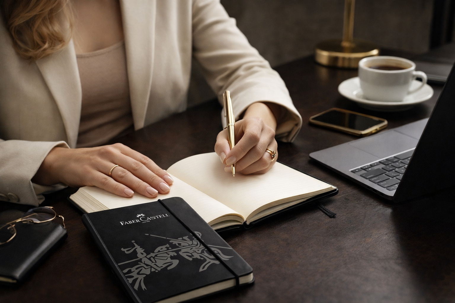 Donna elegante che scrive su un notebook A5 Faber-Castell nero su una scrivania ordinata, ideale per appunti di lavoro e uso quotidiano.